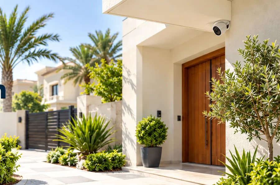A villa entrance at daylight with a camera covering the door and driveway