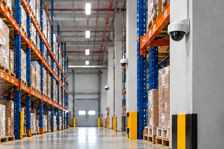 Dome cameras covering the aisles of a racked warehouse