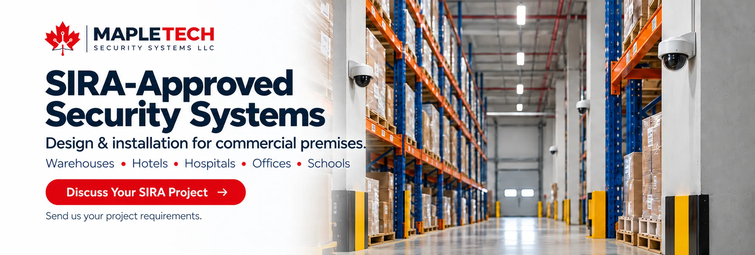 Dome cameras covering the aisles of a racked warehouse