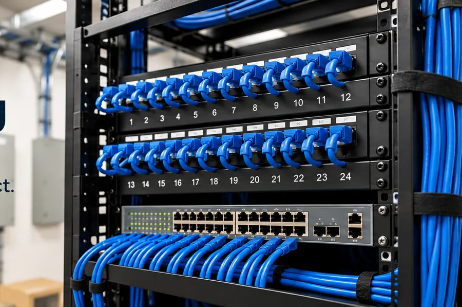 A patch panel in a comms cabinet with cabling run to a network switch