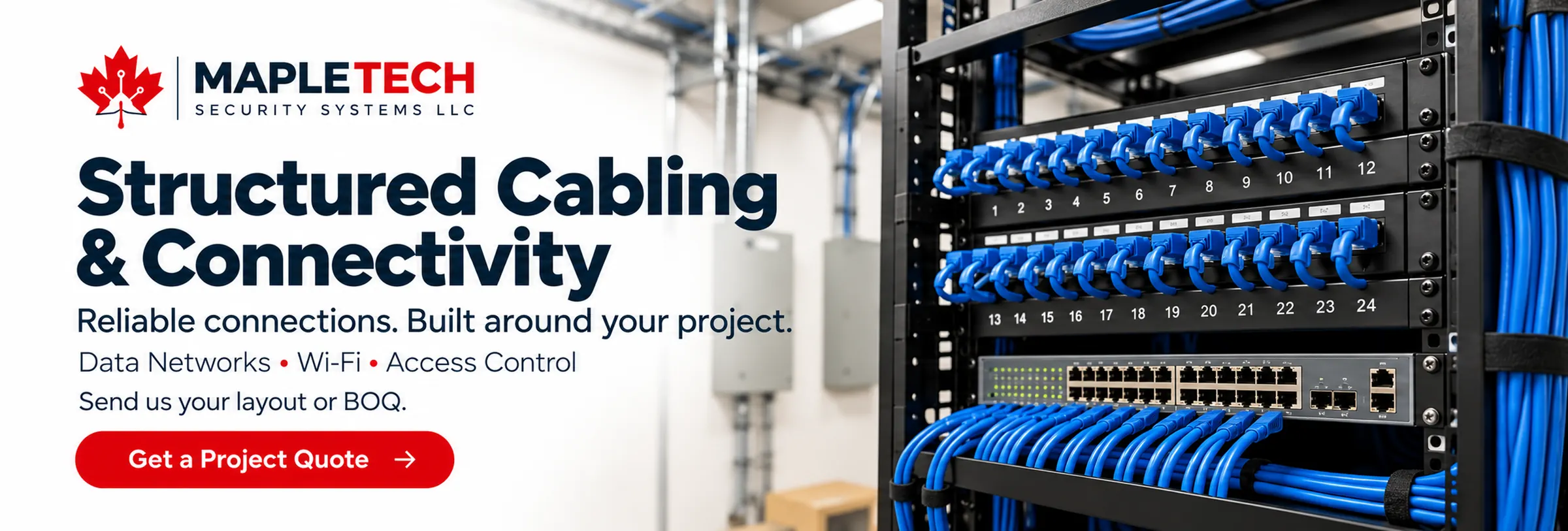 A patch panel in a comms cabinet with cabling run to a network switch