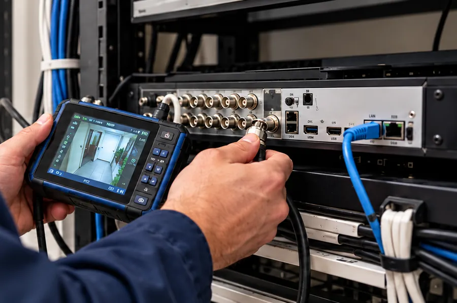 A technician testing a camera on a service monitor at a recorder rack