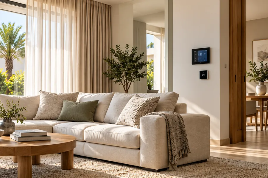A villa living room in daylight with a wall-mounted control panel