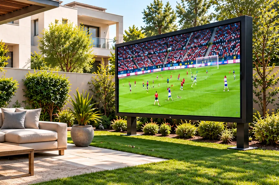 A large outdoor LED screen in a villa garden showing a football match