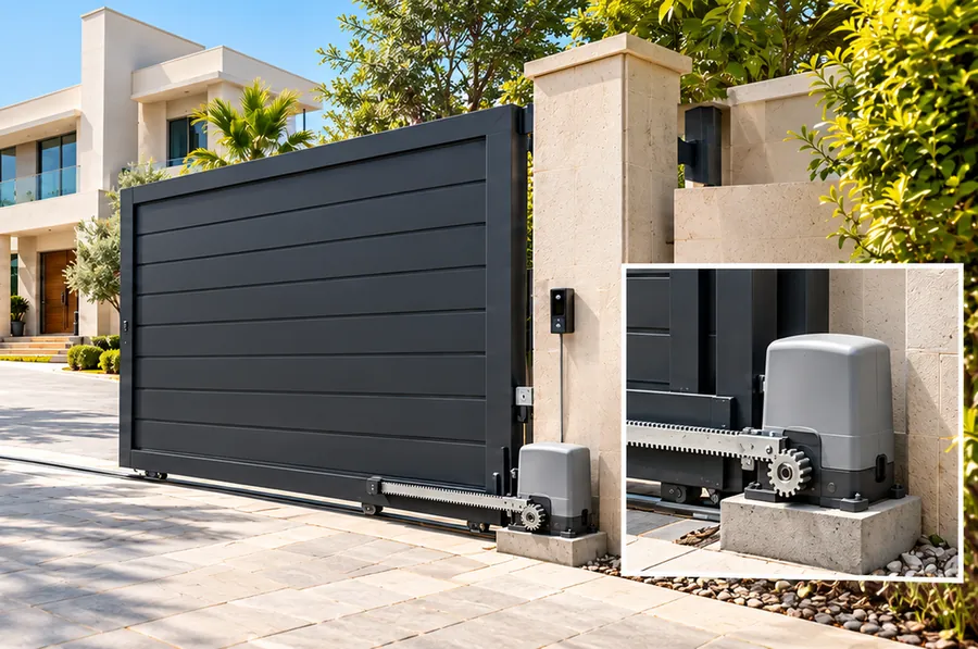 An automated sliding villa gate, with the motor shown in an inset