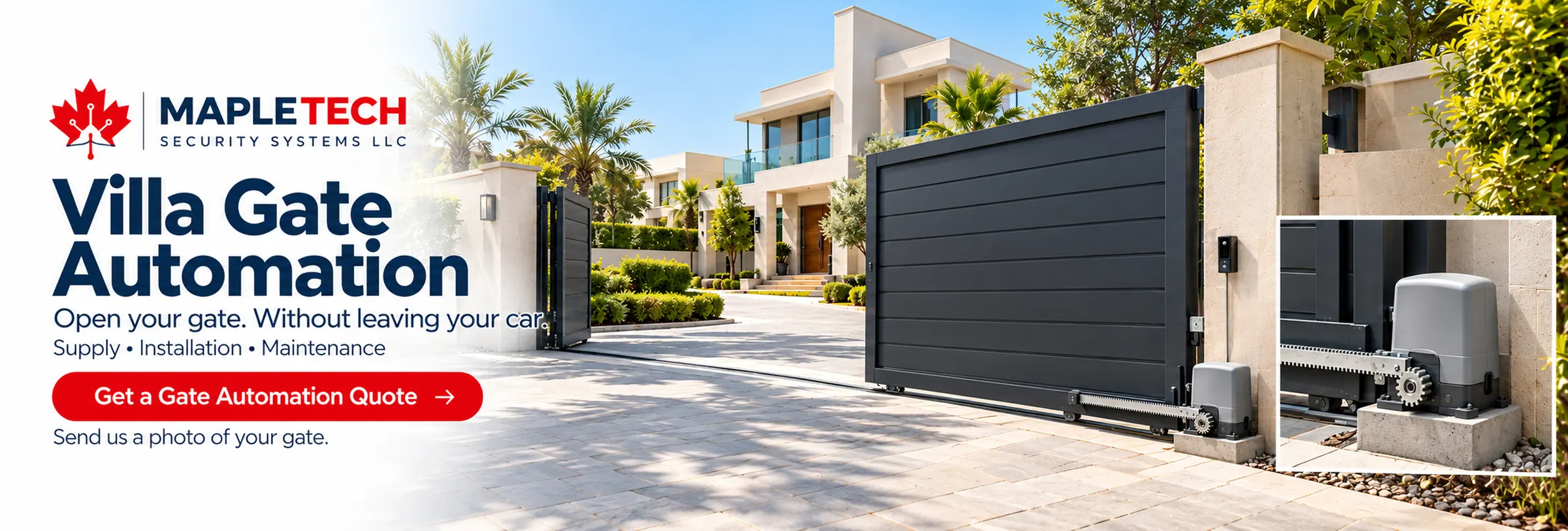 An automated sliding villa gate, with the motor shown in an inset