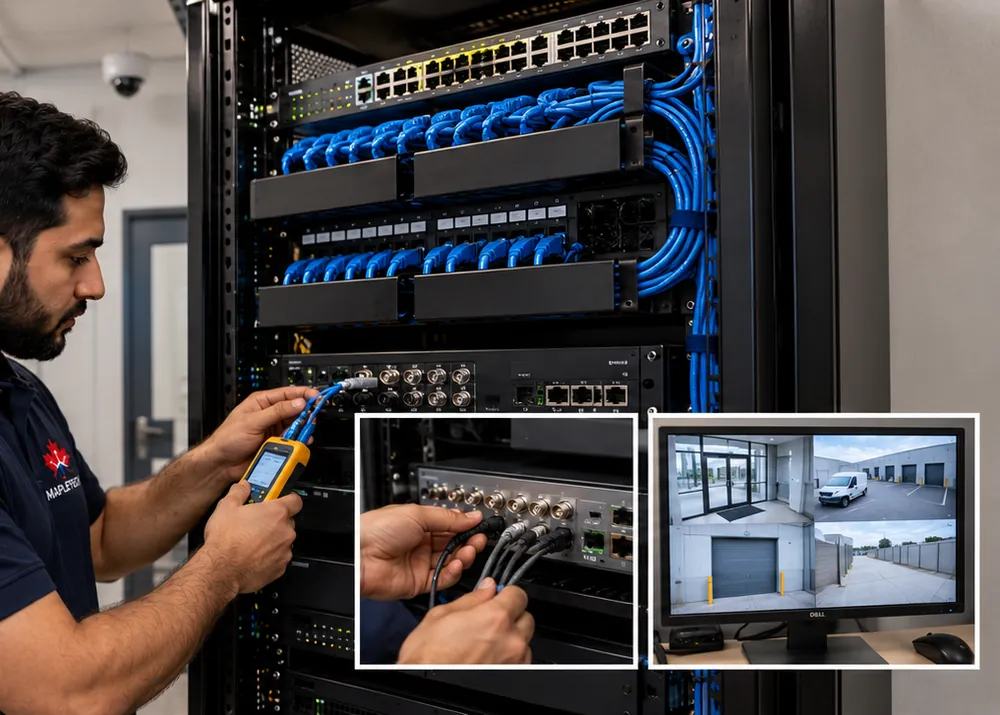 A technician testing a recorder rack, with camera views on a monitor