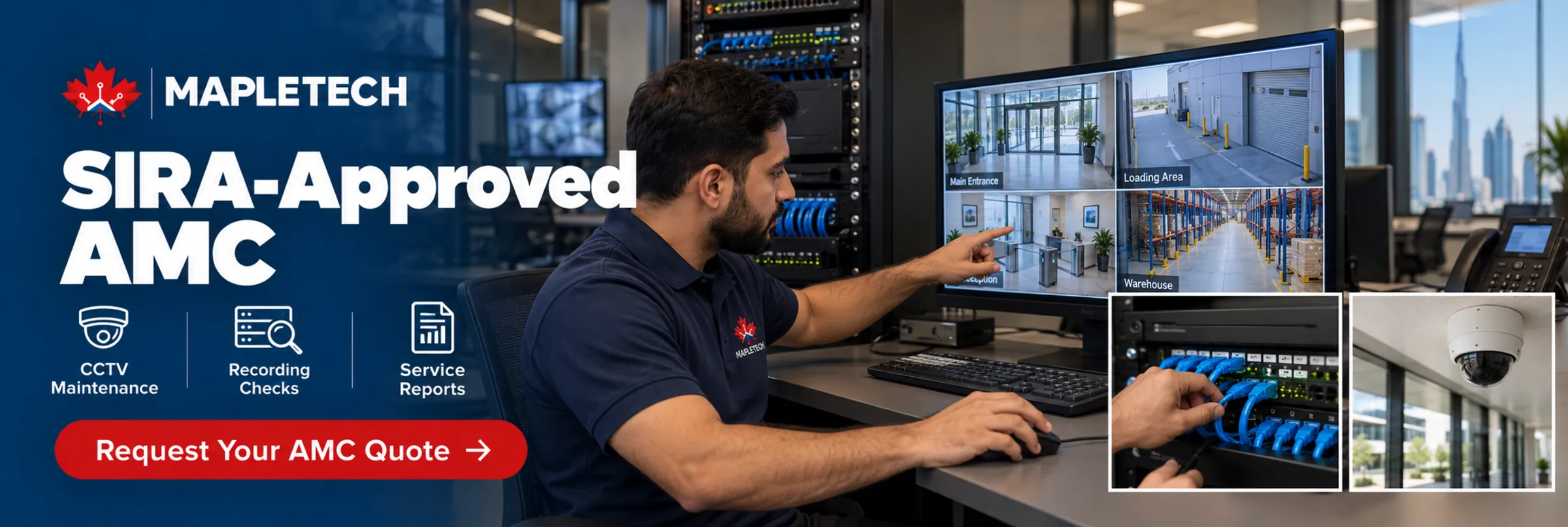An engineer reviewing camera views and maintenance records on a monitoring desk