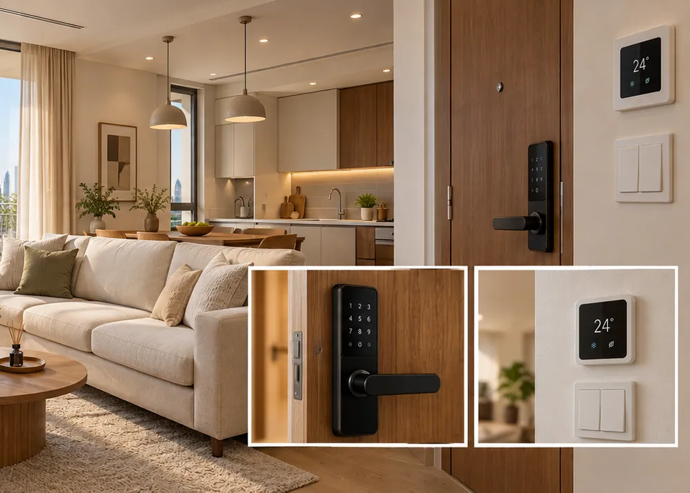 An apartment living room with a smart lock and a climate panel