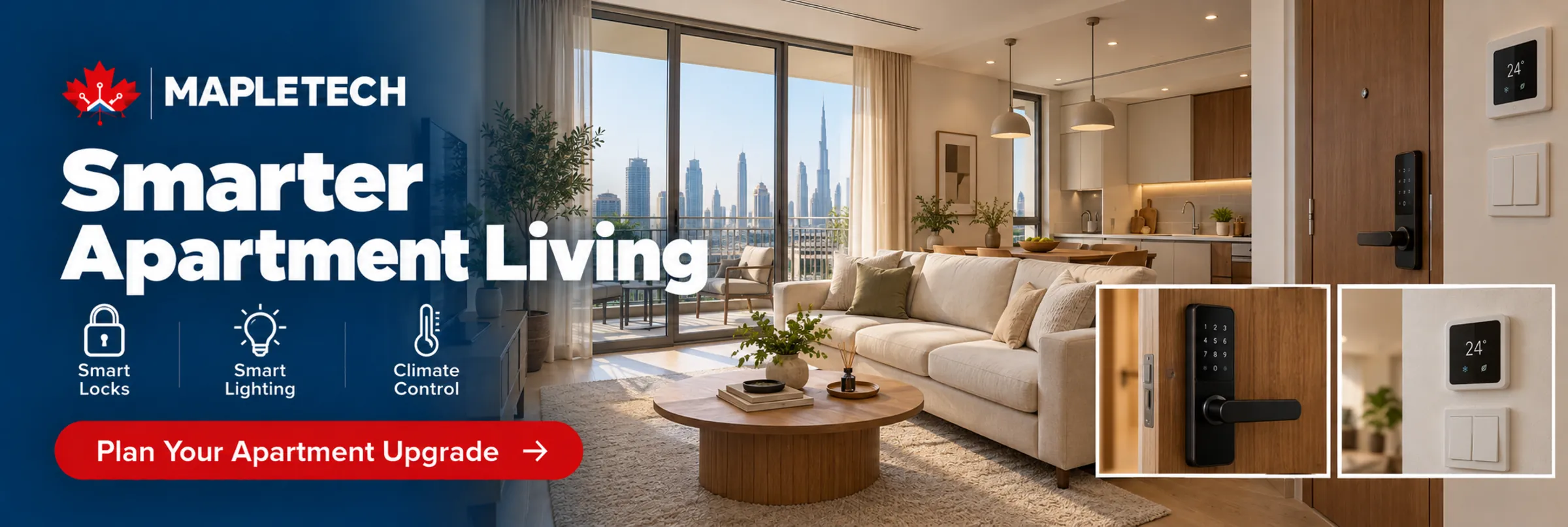 An apartment living room with a smart lock and a climate panel