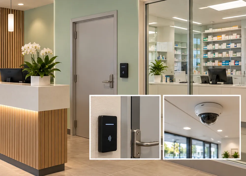 A clinic reception with a dome camera and a door reader to the medicine store