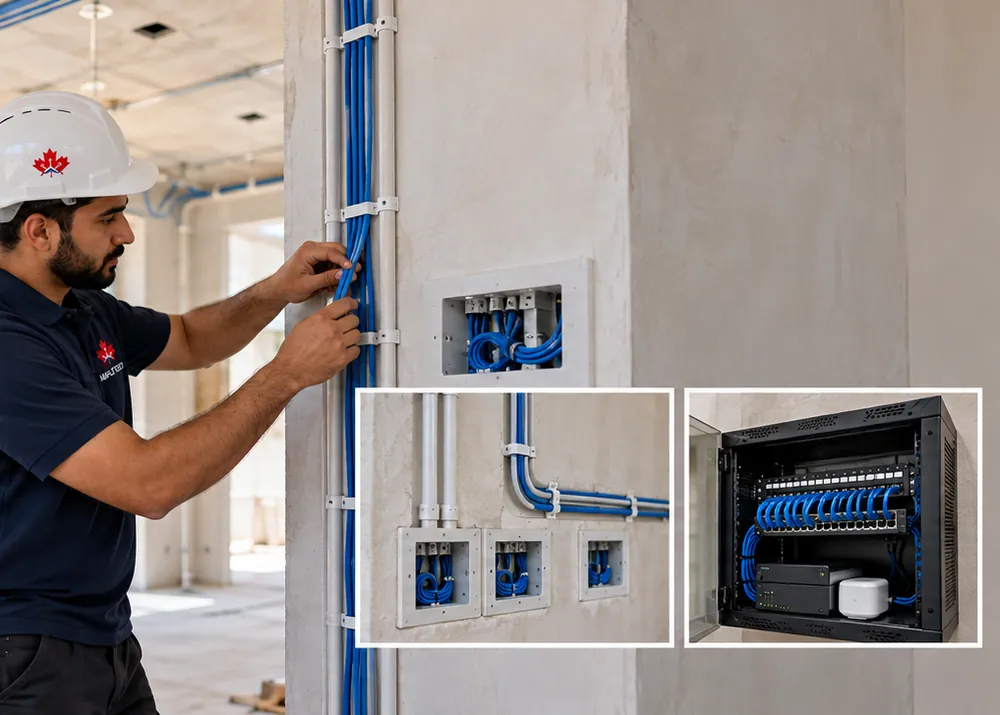 A technician running conduit in a villa under construction