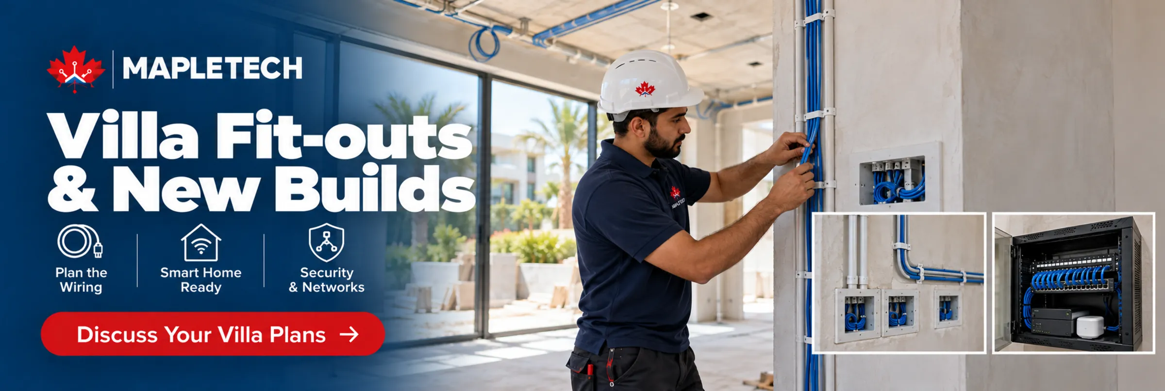 A technician running conduit in a villa under construction