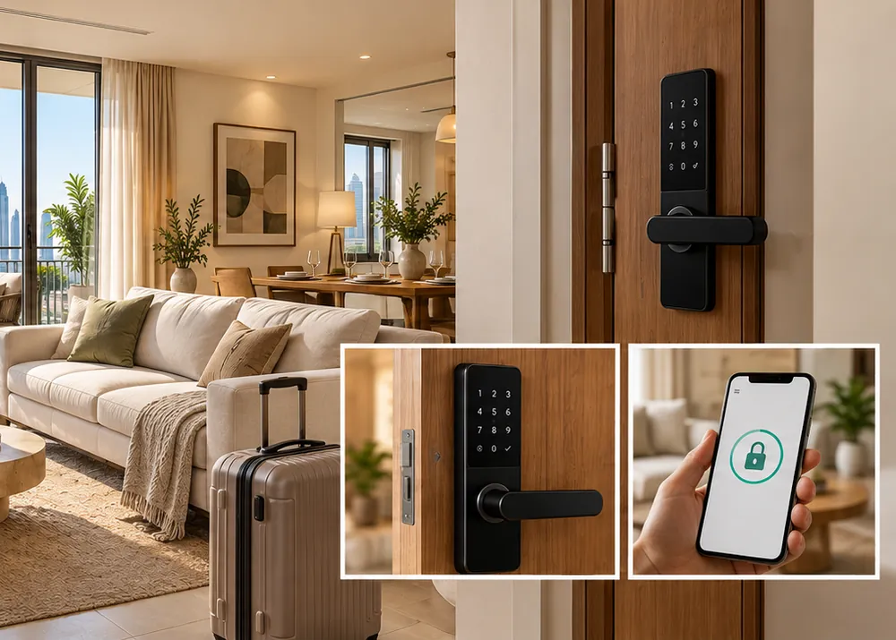 A short-let apartment with a keypad lock and a phone unlocking it