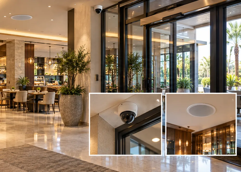 A hotel lobby with an entrance camera and a ceiling speaker