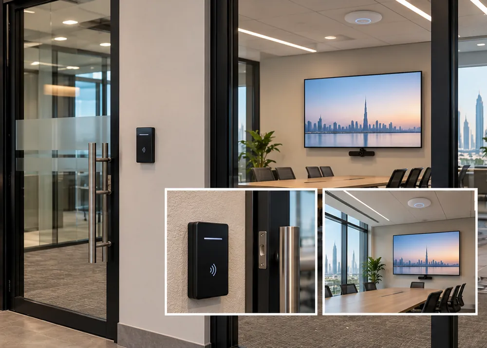 An office reception with an access reader and a meeting-room screen