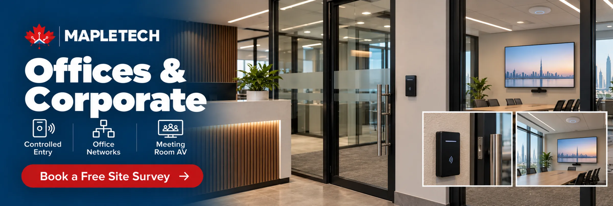An office reception with an access reader and a meeting-room screen