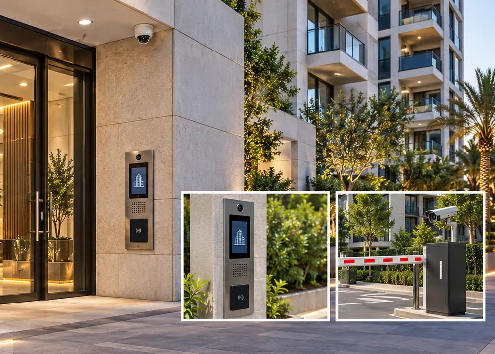 A residential building entrance with an intercom panel and a parking barrier