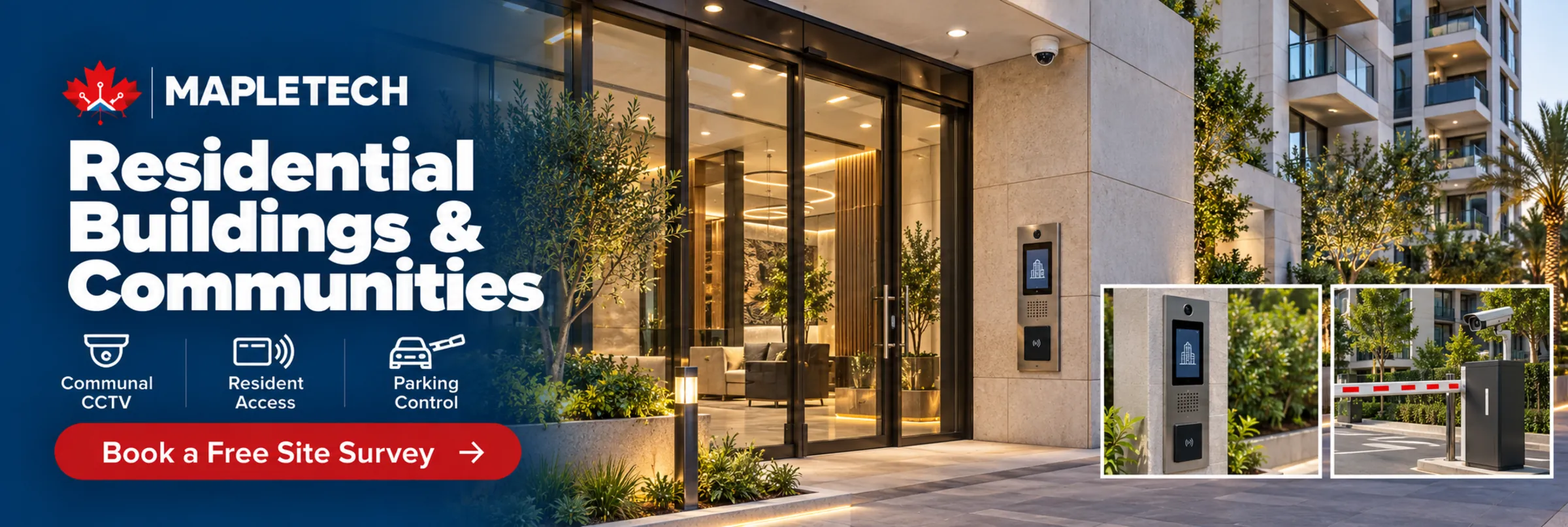 A residential building entrance with an intercom panel and a parking barrier