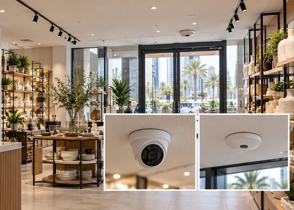 A showroom counter with a dome camera above it