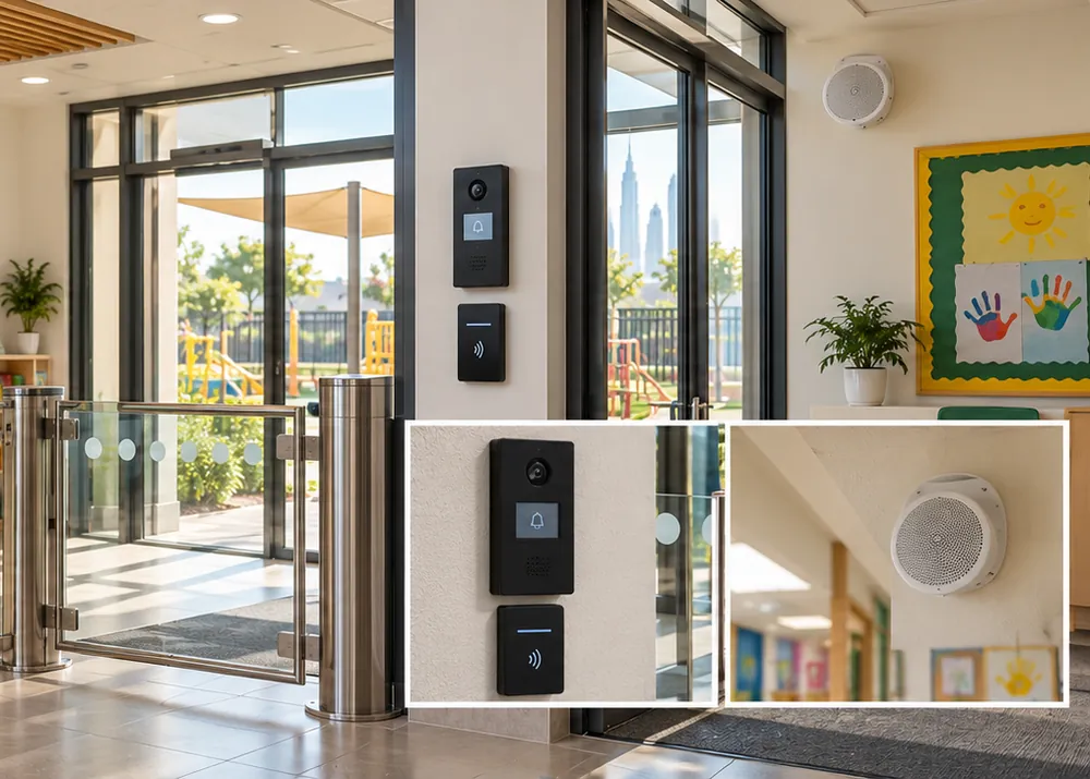 A school reception with a visitor intercom and controlled entry