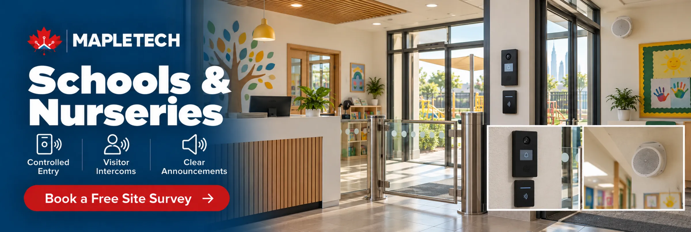 A school reception with a visitor intercom and controlled entry