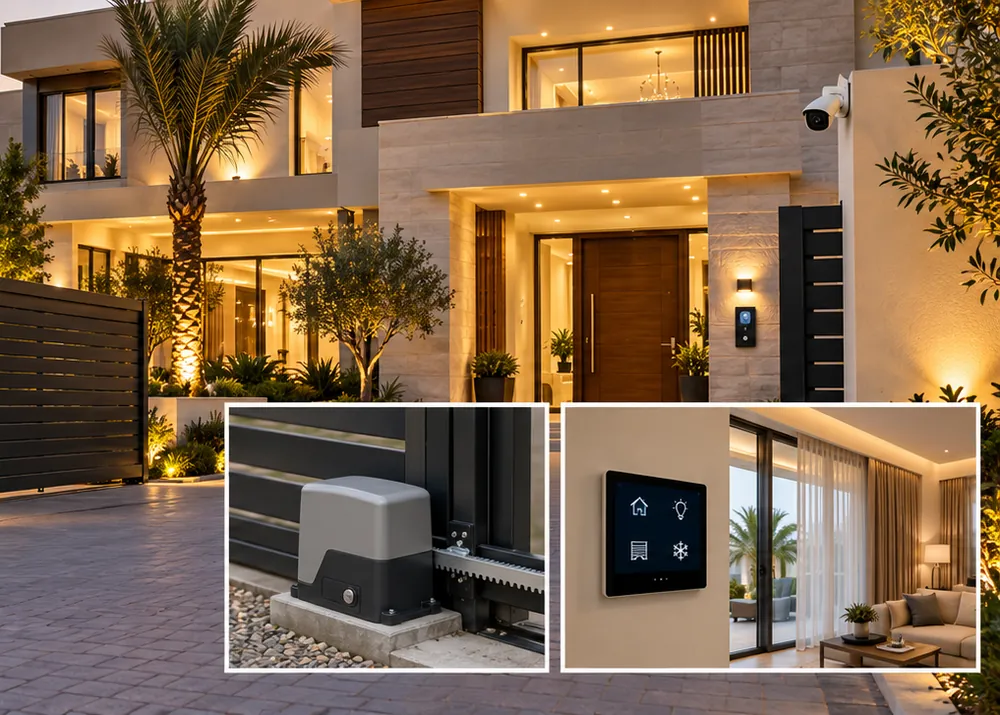 A villa at dusk with a camera, a gate motor and a smart control panel
