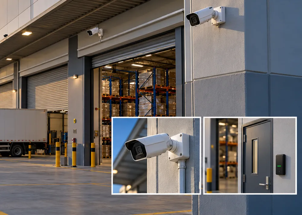 A warehouse loading bay with perimeter cameras and a lorry at the dock