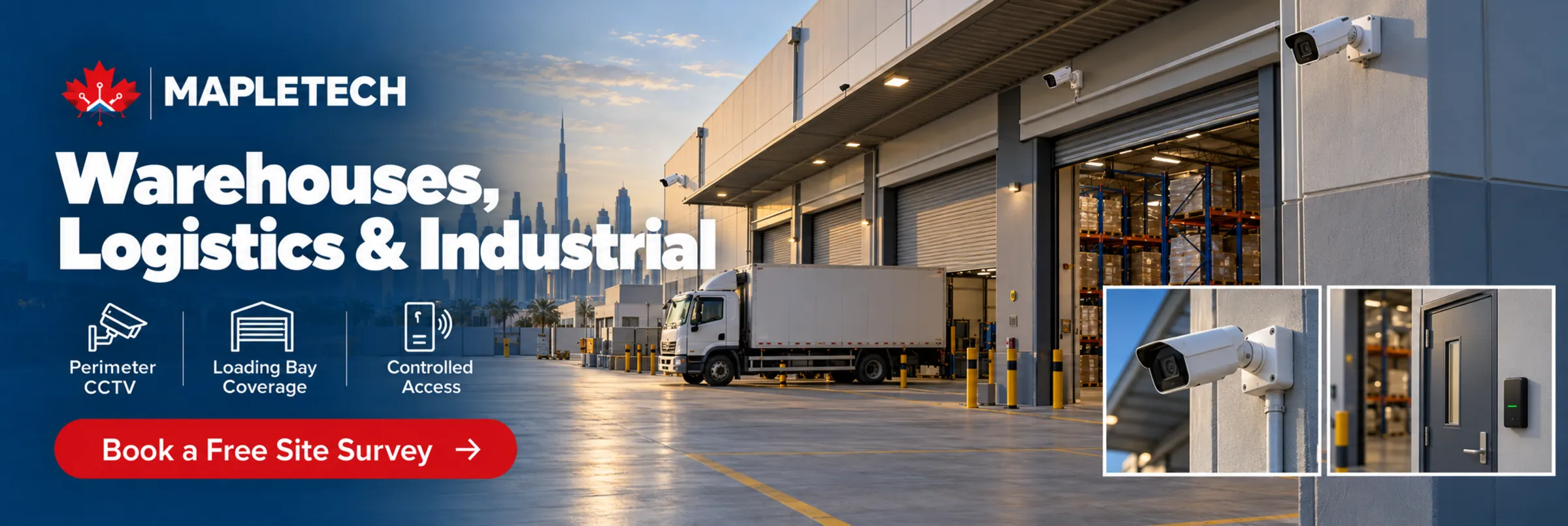 A warehouse loading bay with perimeter cameras and a lorry at the dock