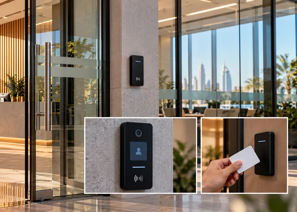 A card reader beside the glass entrance of a Dubai office building