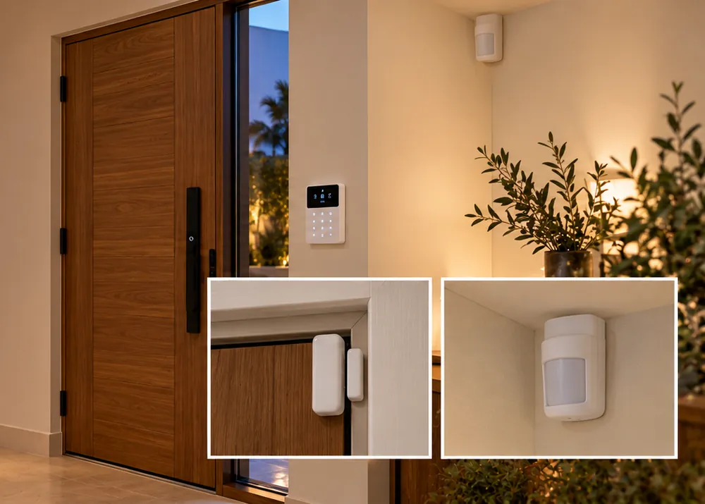 A keypad inside a villa entrance, with a door sensor and a motion detector