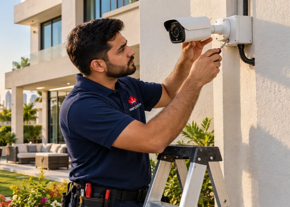 A technician fitting a bullet camera to a villa wall above the garden