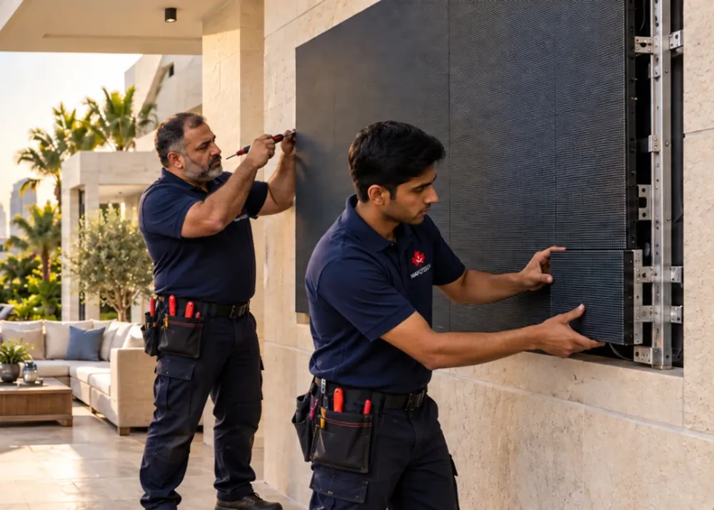 Two technicians mounting an outdoor LED screen on a villa wall