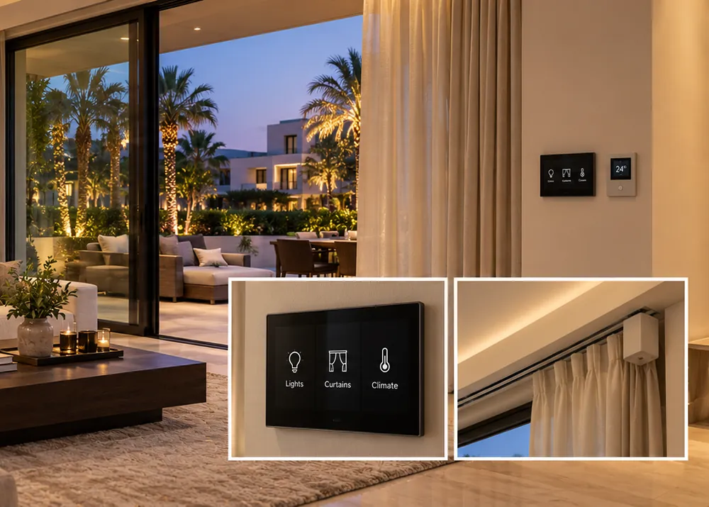 A villa living room at dusk with a wall control panel and motorised curtains