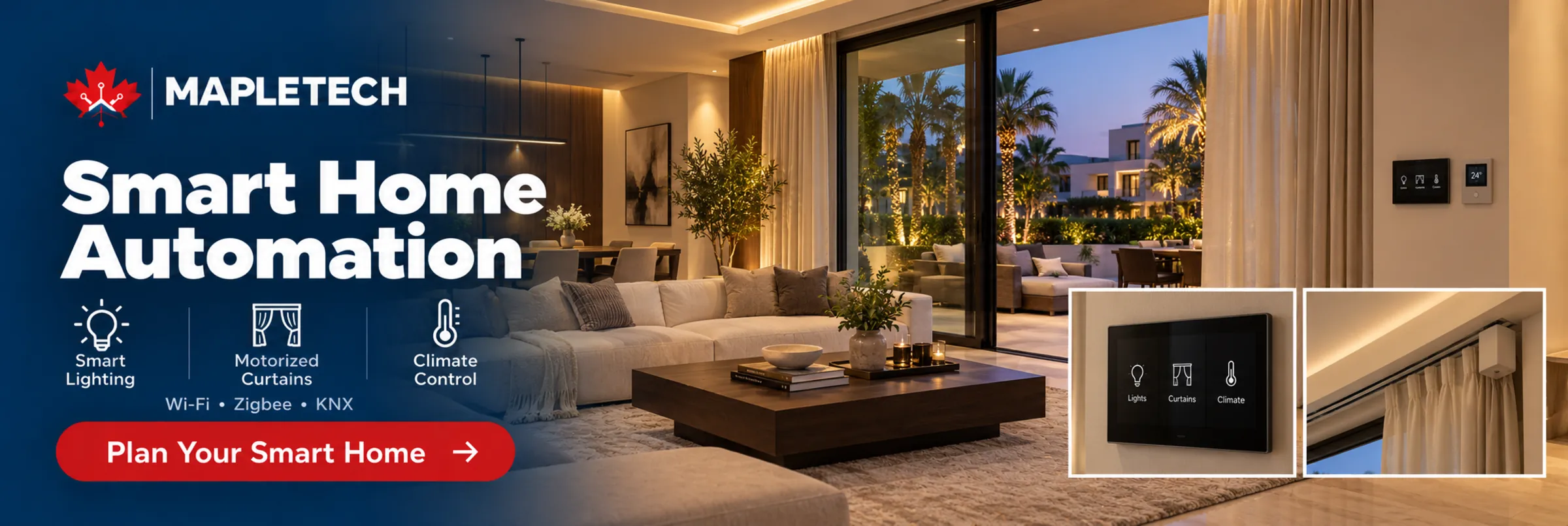 A villa living room at dusk with a wall control panel and motorised curtains