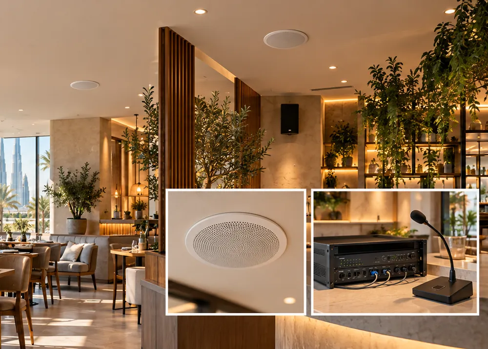 Ceiling speakers in a restaurant, with an amplifier and a paging microphone