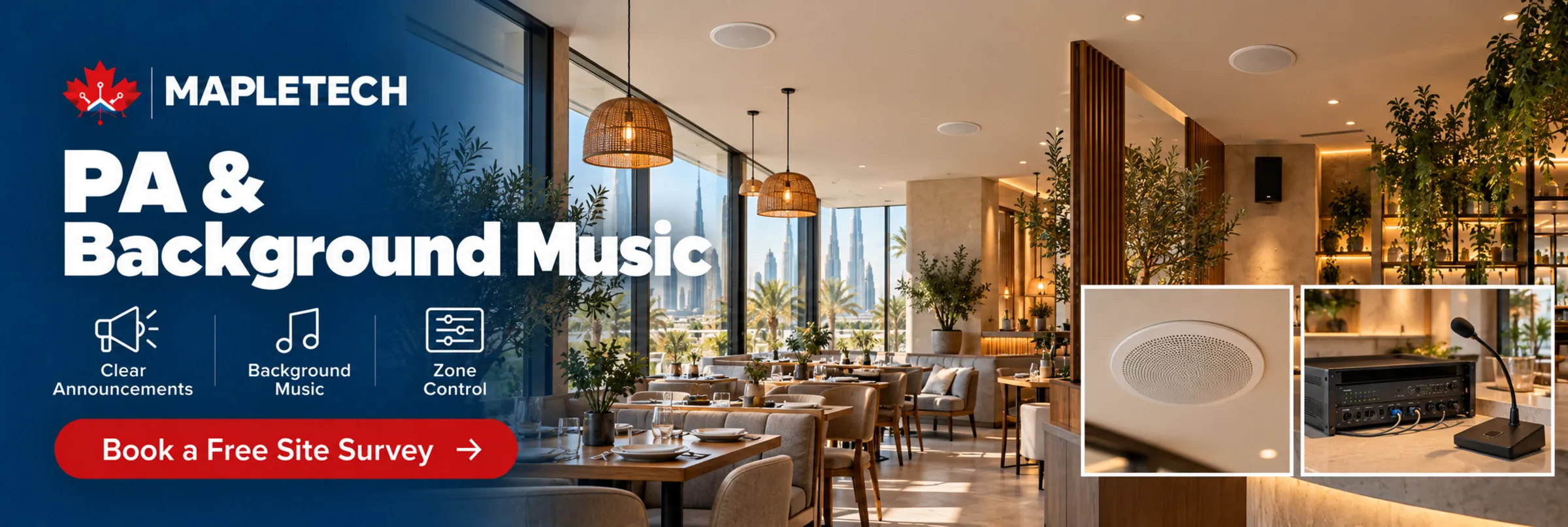 Ceiling speakers in a restaurant, with an amplifier and a paging microphone