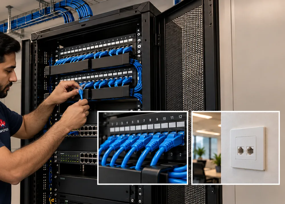A technician patching a network rack, with a data outlet alongside