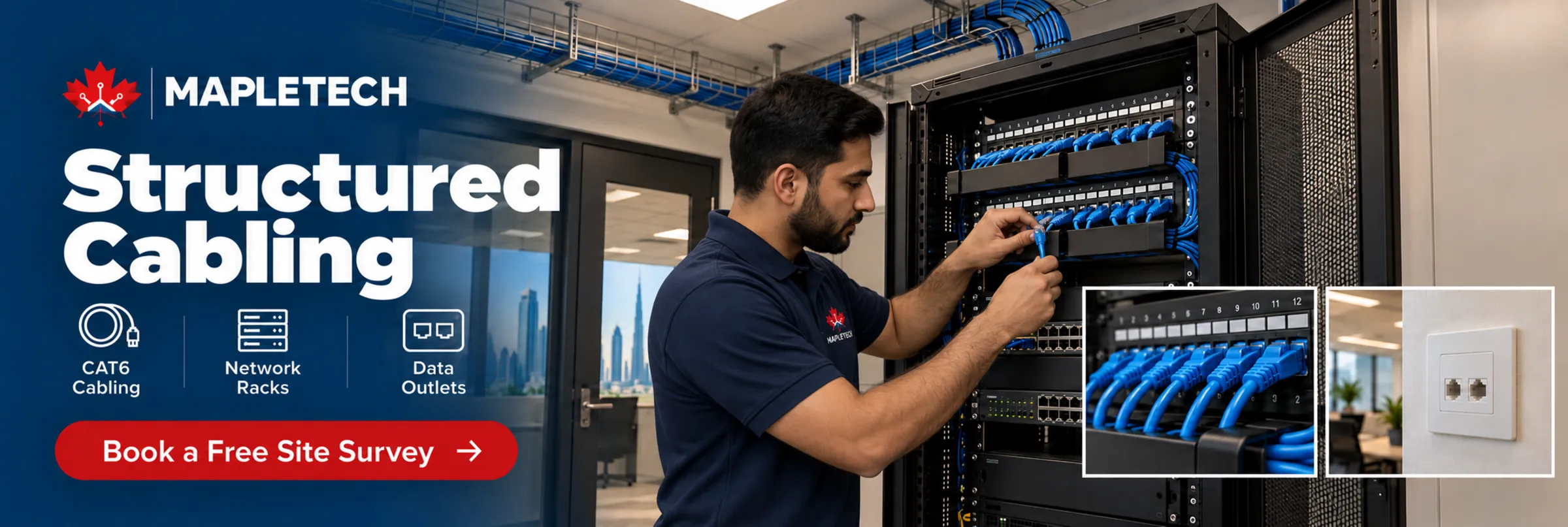 A technician patching a network rack, with a data outlet alongside