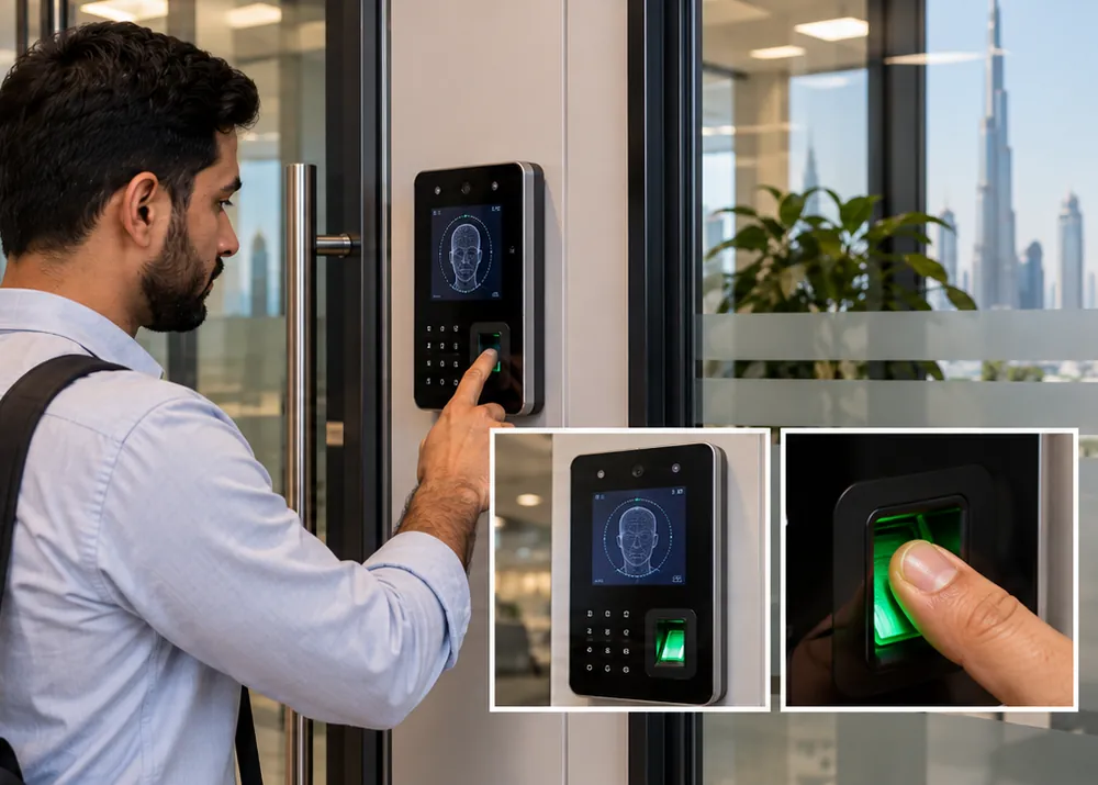 An employee clocking in at a face and fingerprint terminal in a lobby