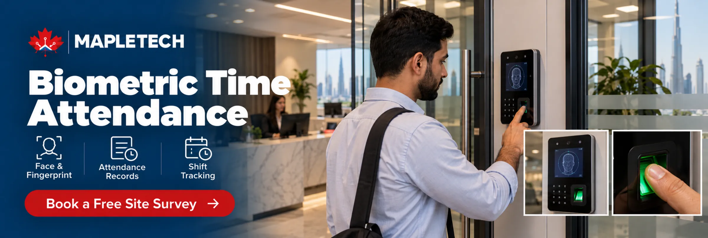 An employee clocking in at a face and fingerprint terminal in a lobby