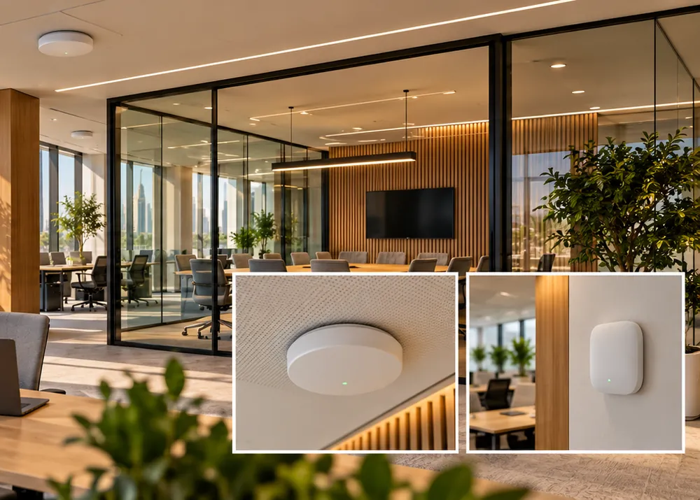 A ceiling access point in an office with a city view