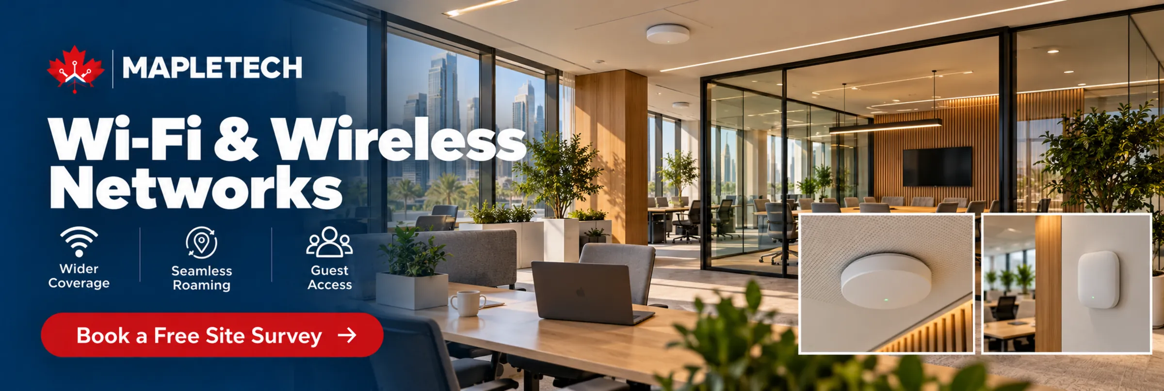 A ceiling access point in an office with a city view
