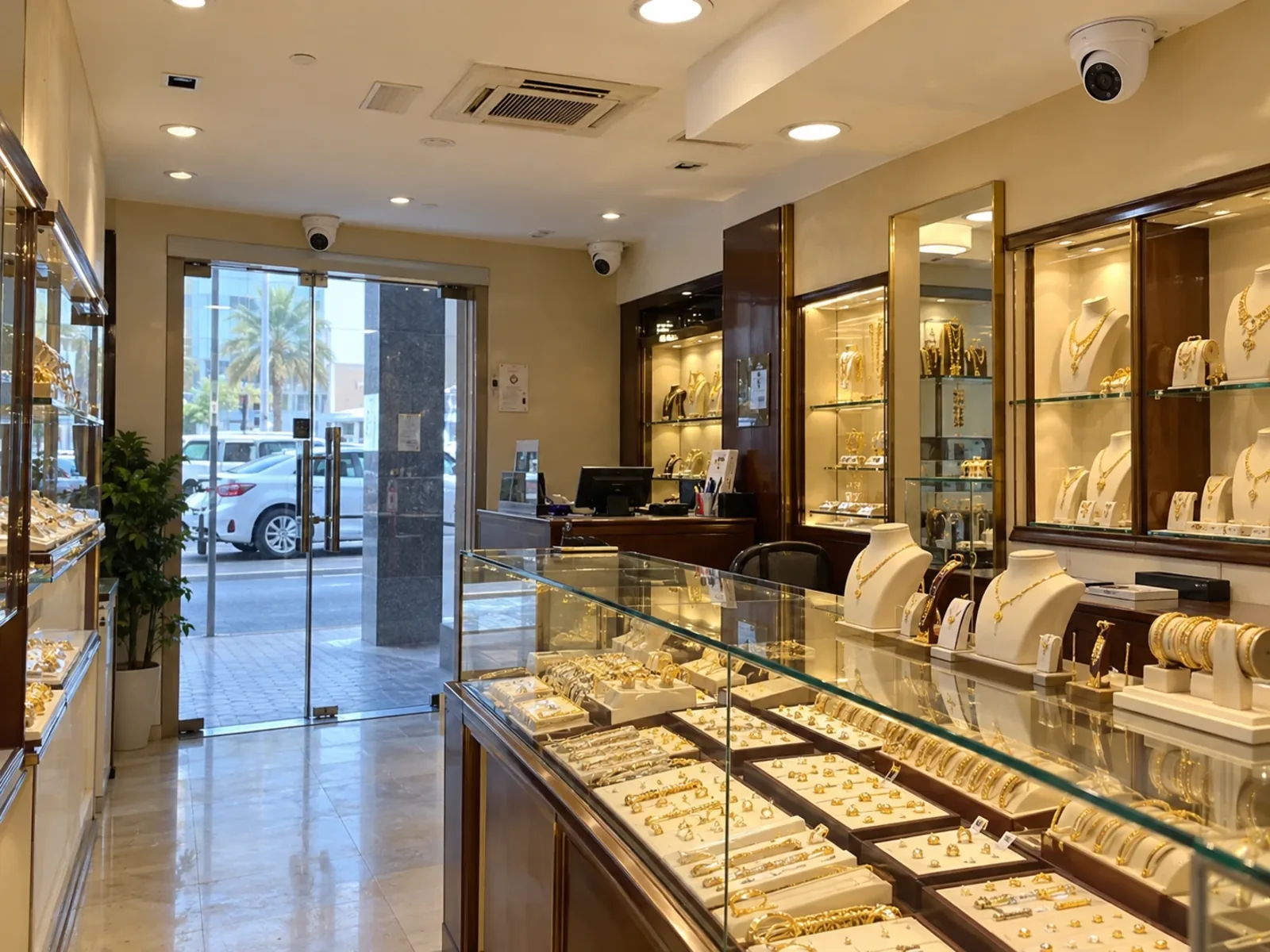 Dome cameras covering the counter and the door of a jewellery shop