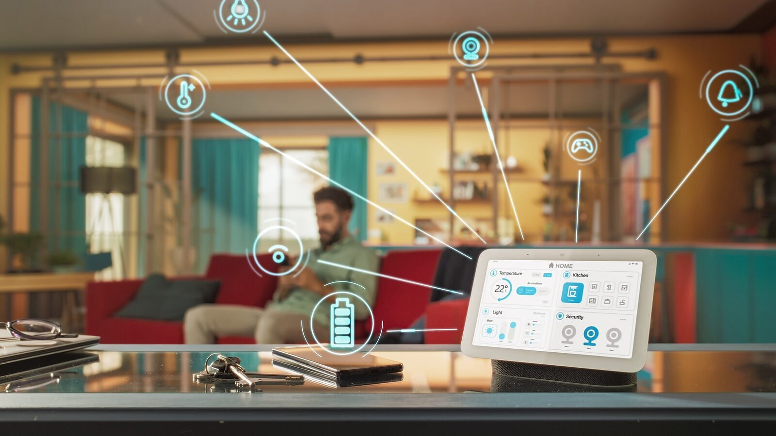 A living room with a smart home control panel and connected devices
