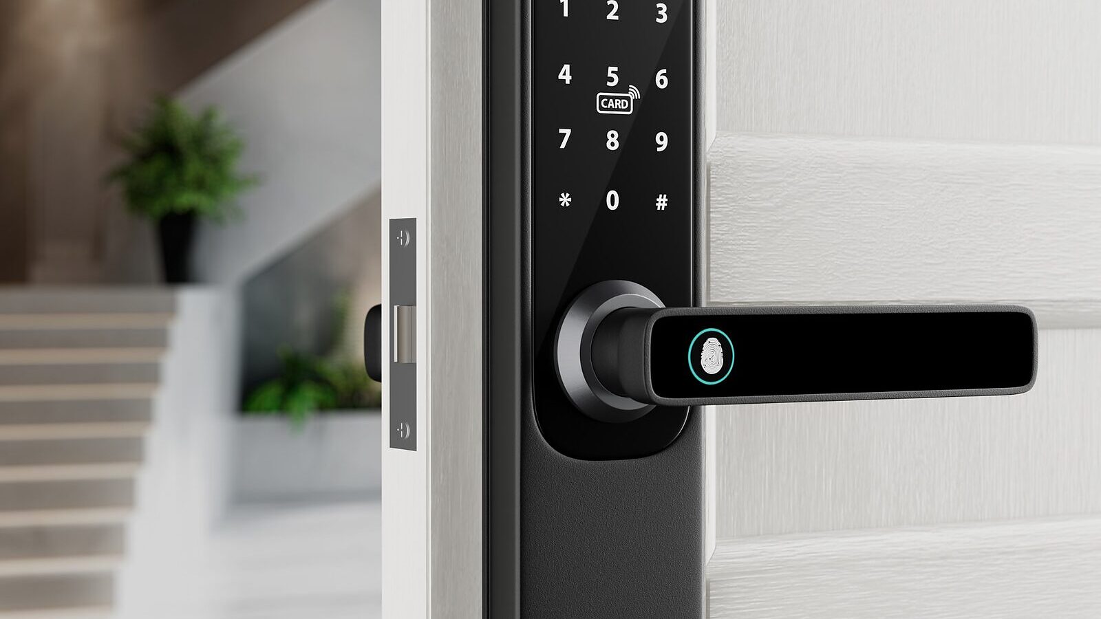 A smart door lock with keypad and fingerprint reader on an apartment door