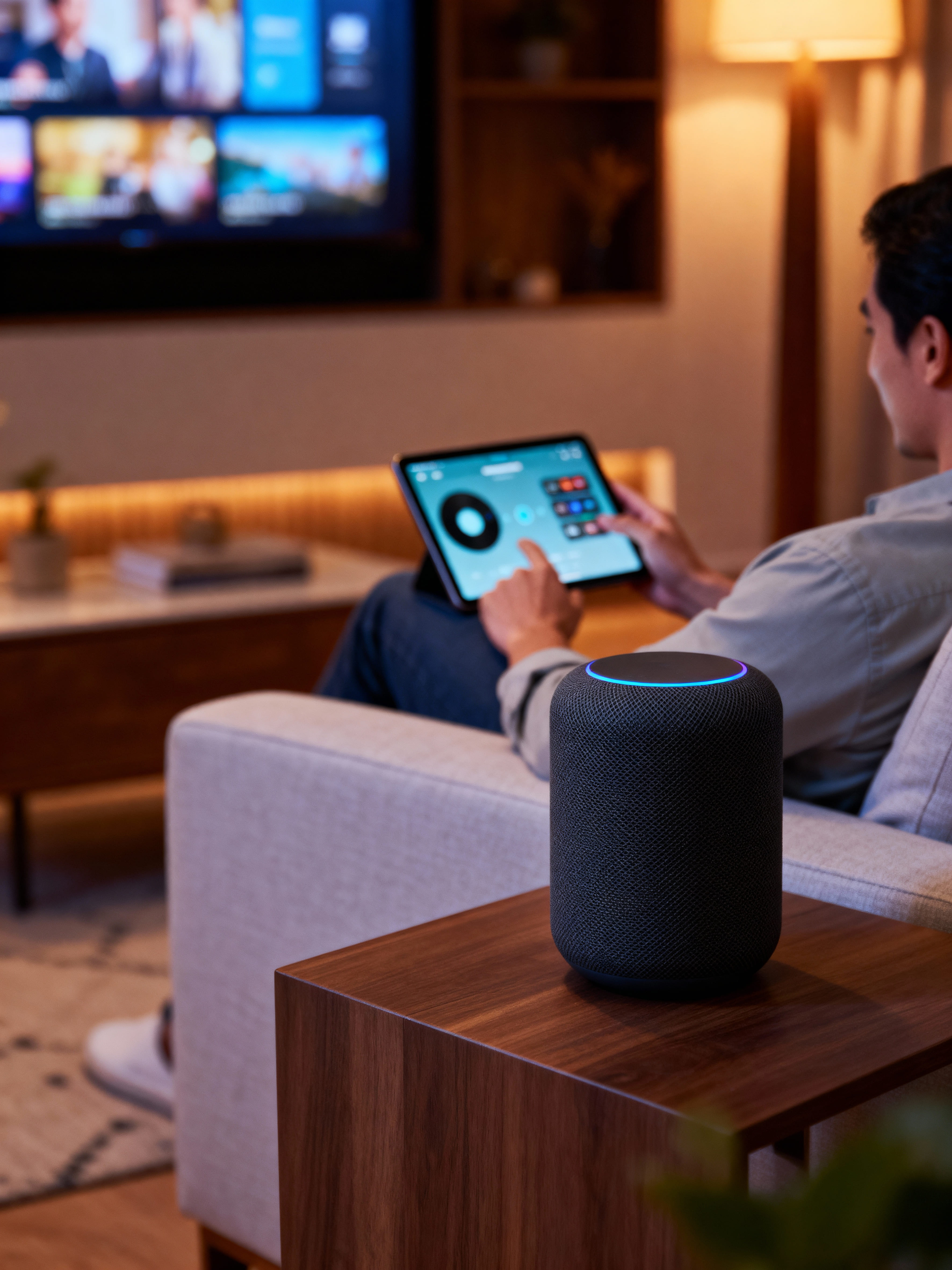 man using smart home control tablet smart speaker 1